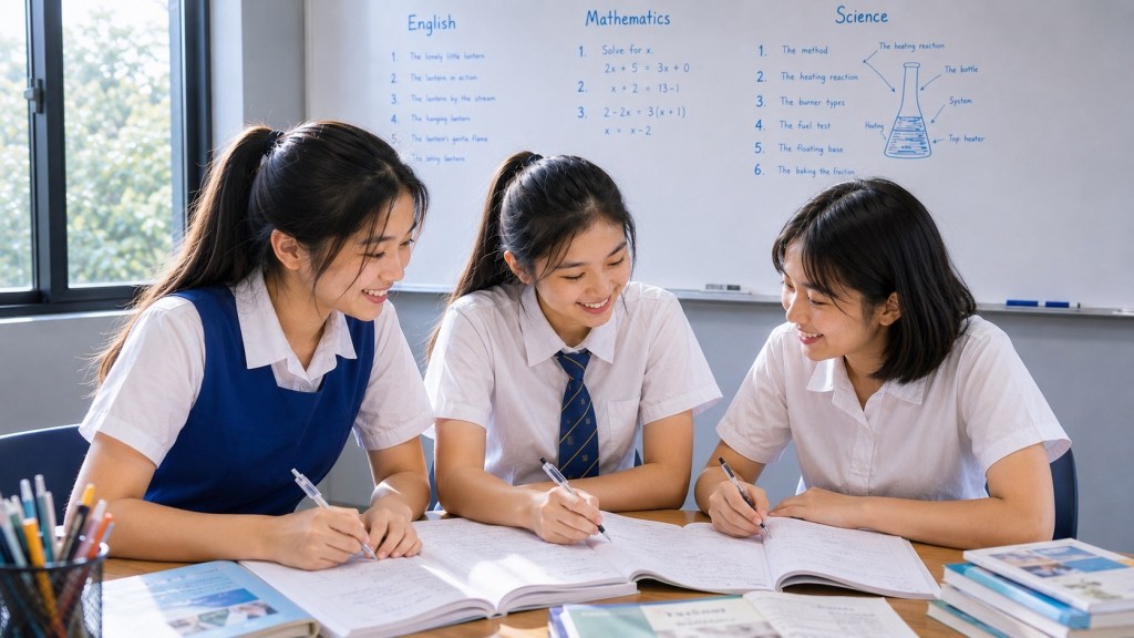Three students studying together in an eduKate small-group classroom.