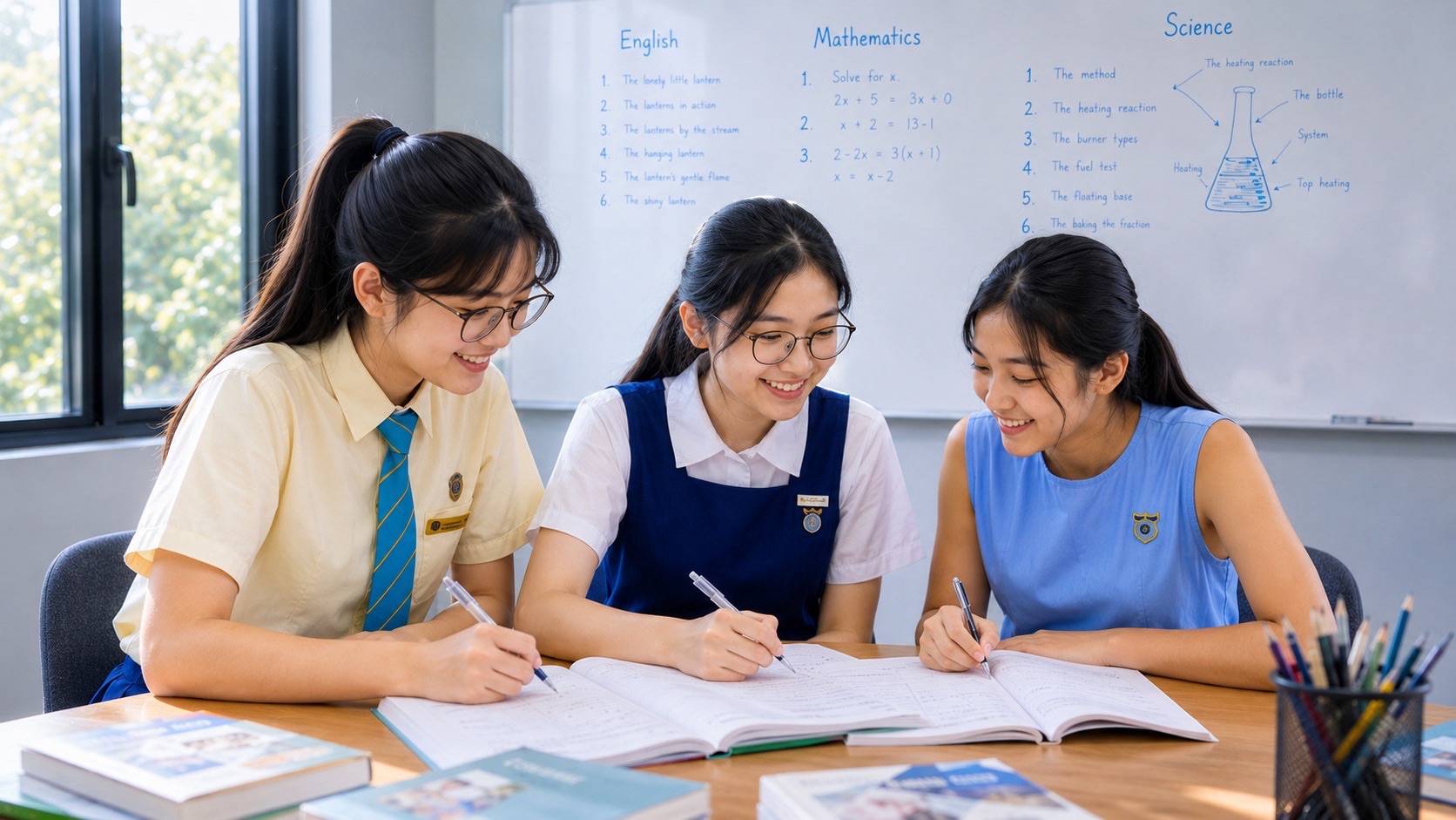 Three students studying together in an eduKate small-group classroom.