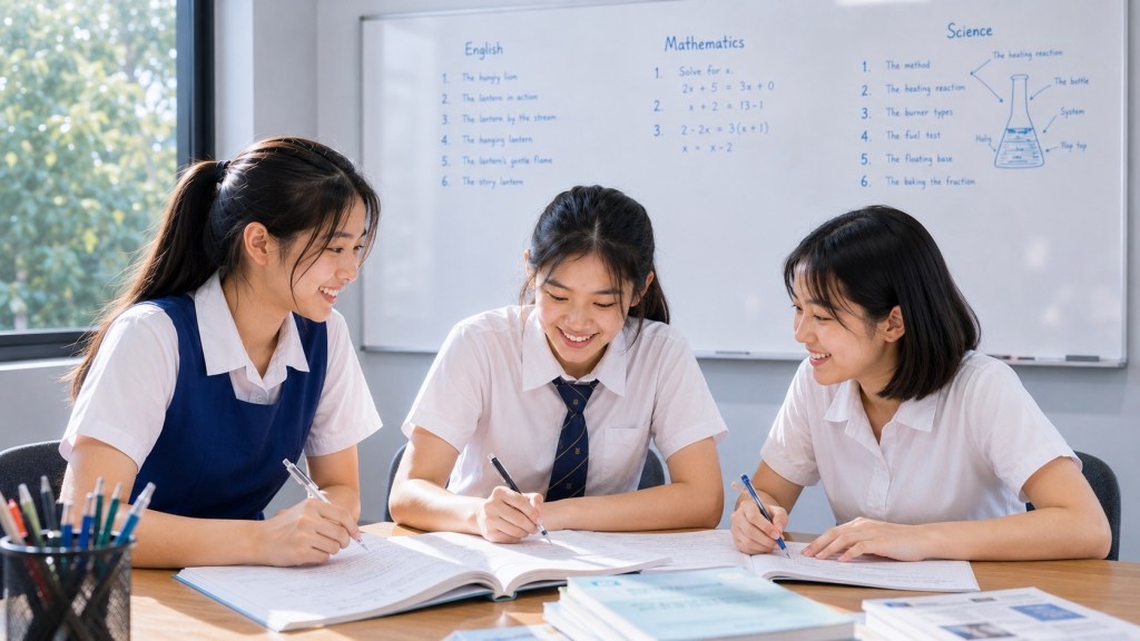 Three students studying together in an eduKate small-group classroom.