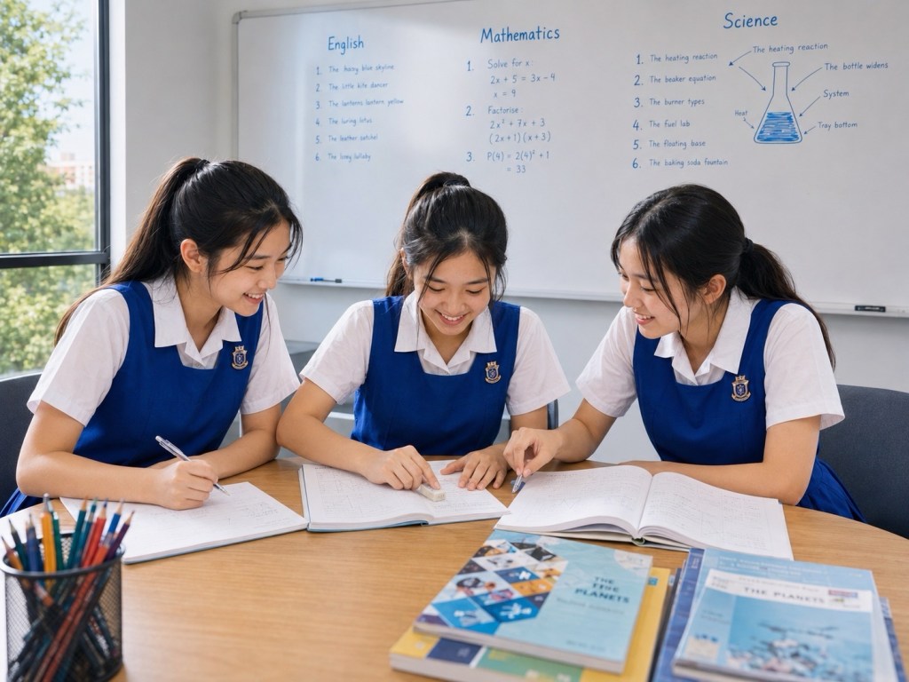 Three students studying together in an eduKate small-group classroom.