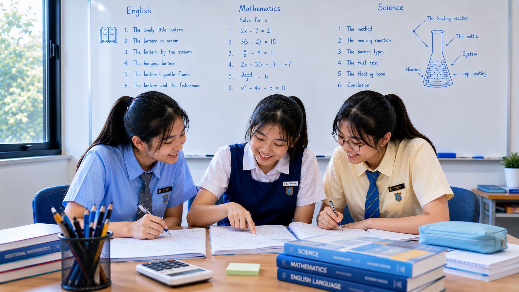 Three students studying together in an eduKate small-group classroom.