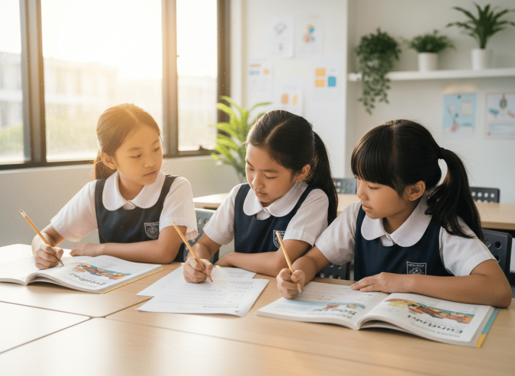 Three primary students working together on English comprehension in a bright classroom.