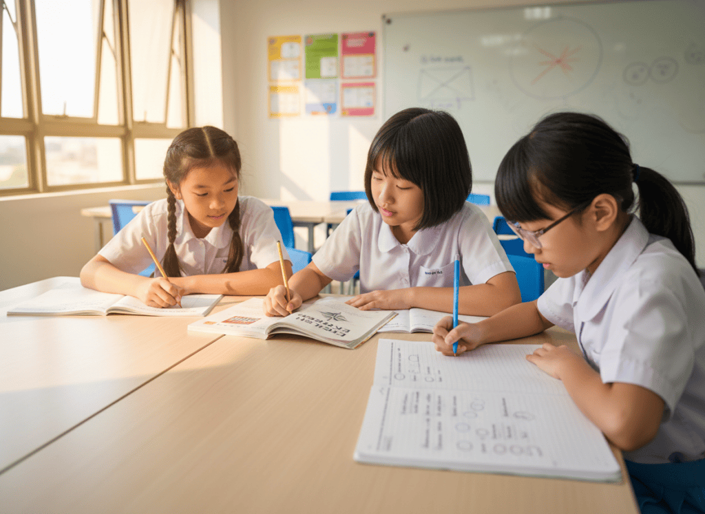 Three primary students practising English grammar and sentence correction together.