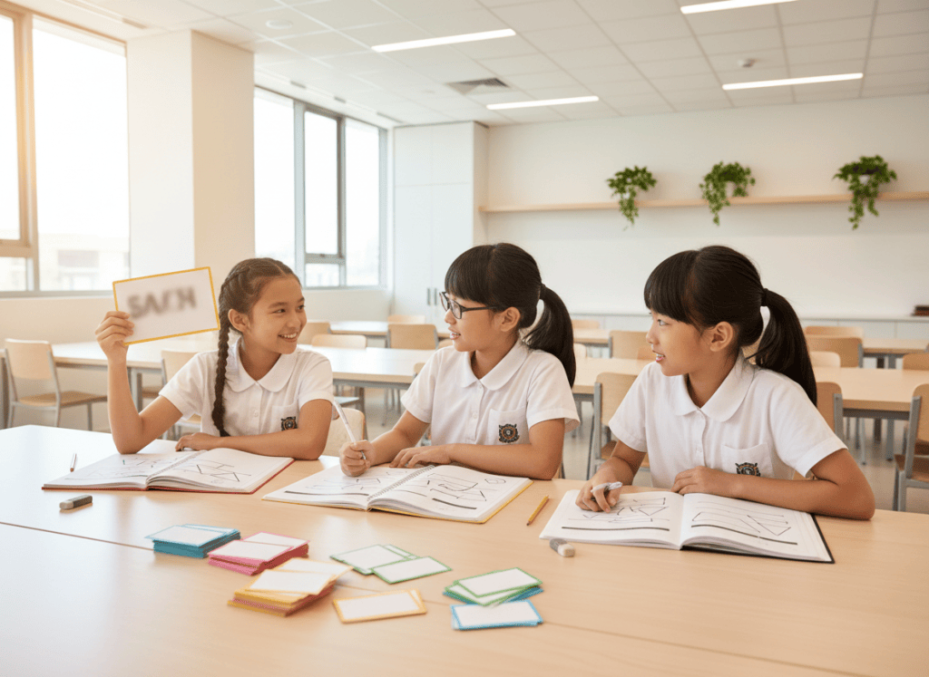Three primary students building English vocabulary through reading and word-use practice.