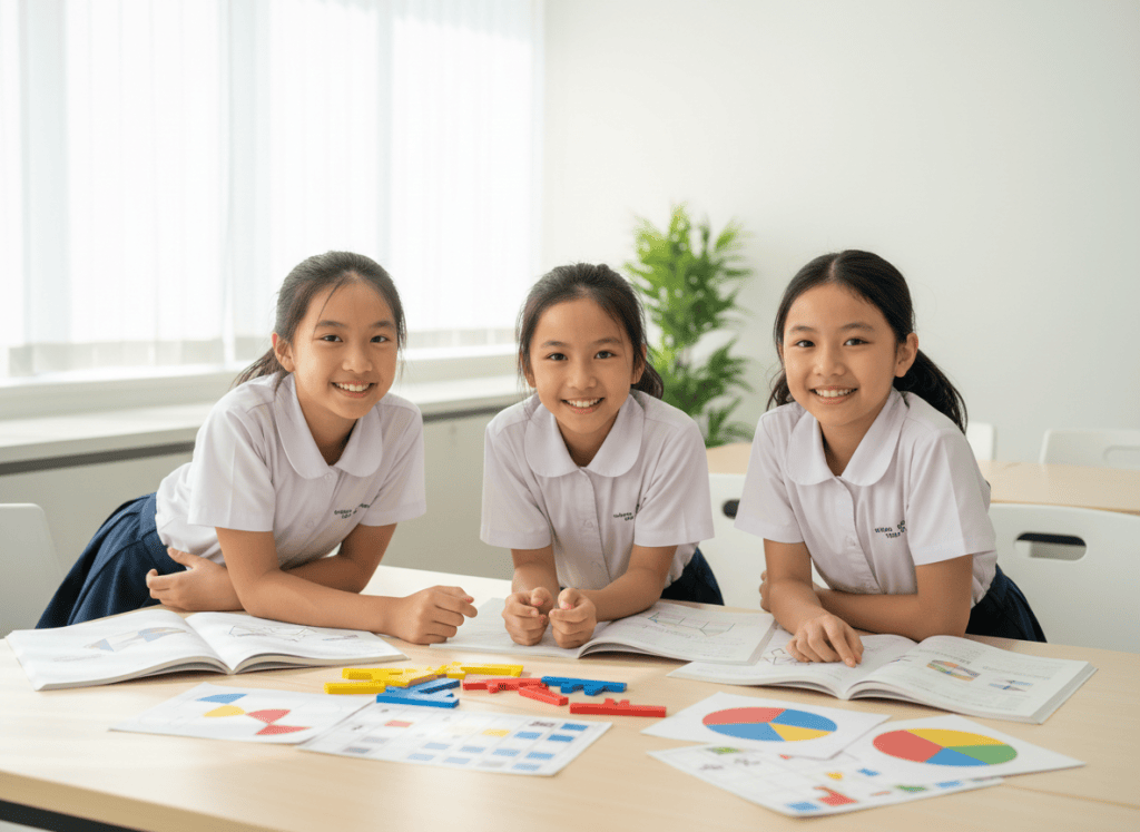 Three primary students learning fractions, decimals and percentages with visual models.
