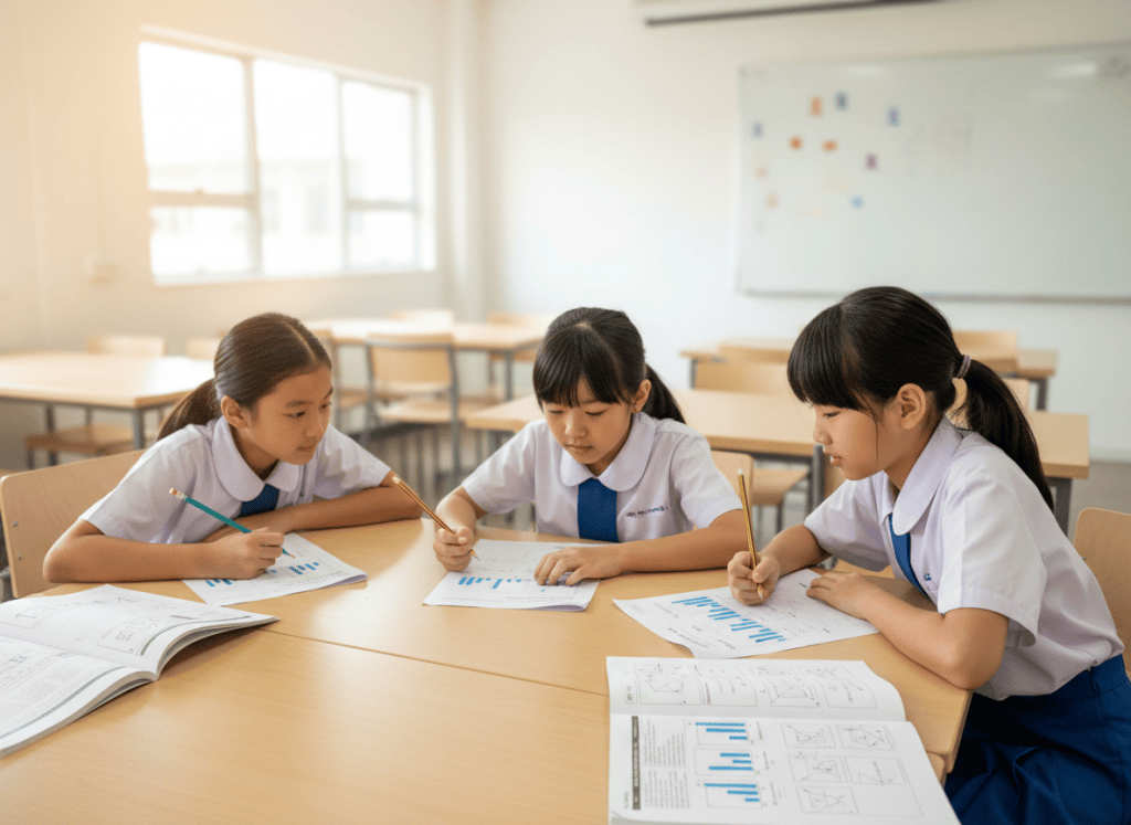 Three primary students solving mathematics word problems with bar models and multi-step working.