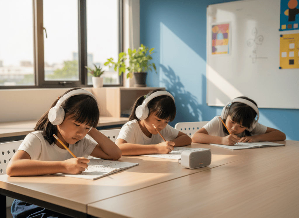Three primary students practising English listening comprehension with notes and answer choices.