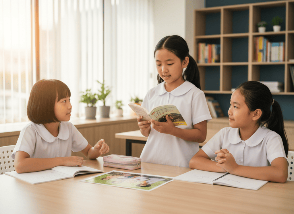 Three primary students practising reading aloud and oral conversation in a small-group classroom.