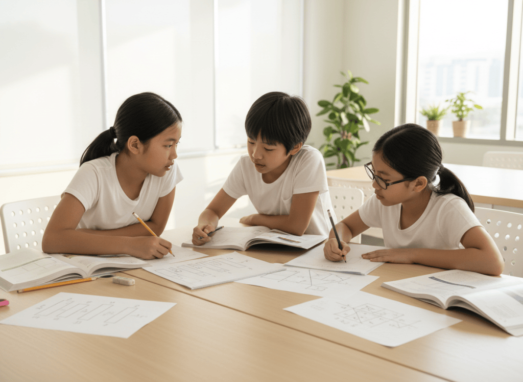 Three primary students solving a mathematics word problem together with diagrams and working.