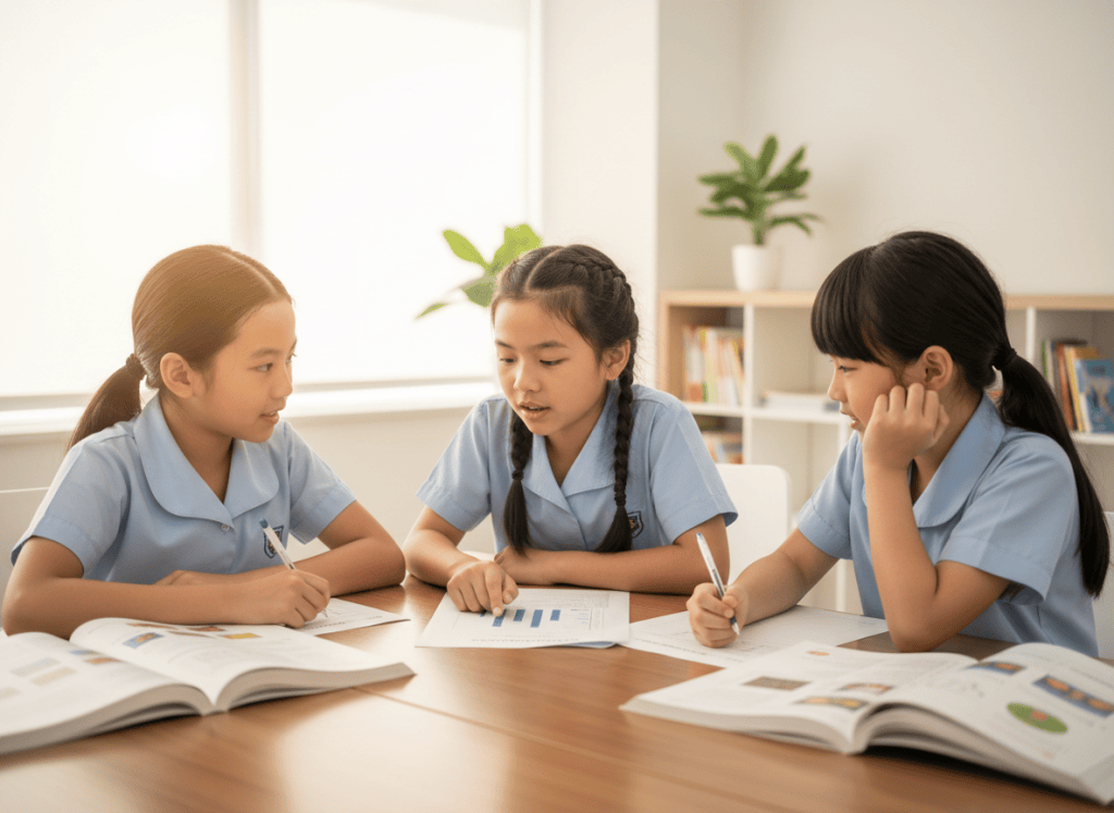 Three primary students interpreting a science experiment, table and diagram together in a classroom.
