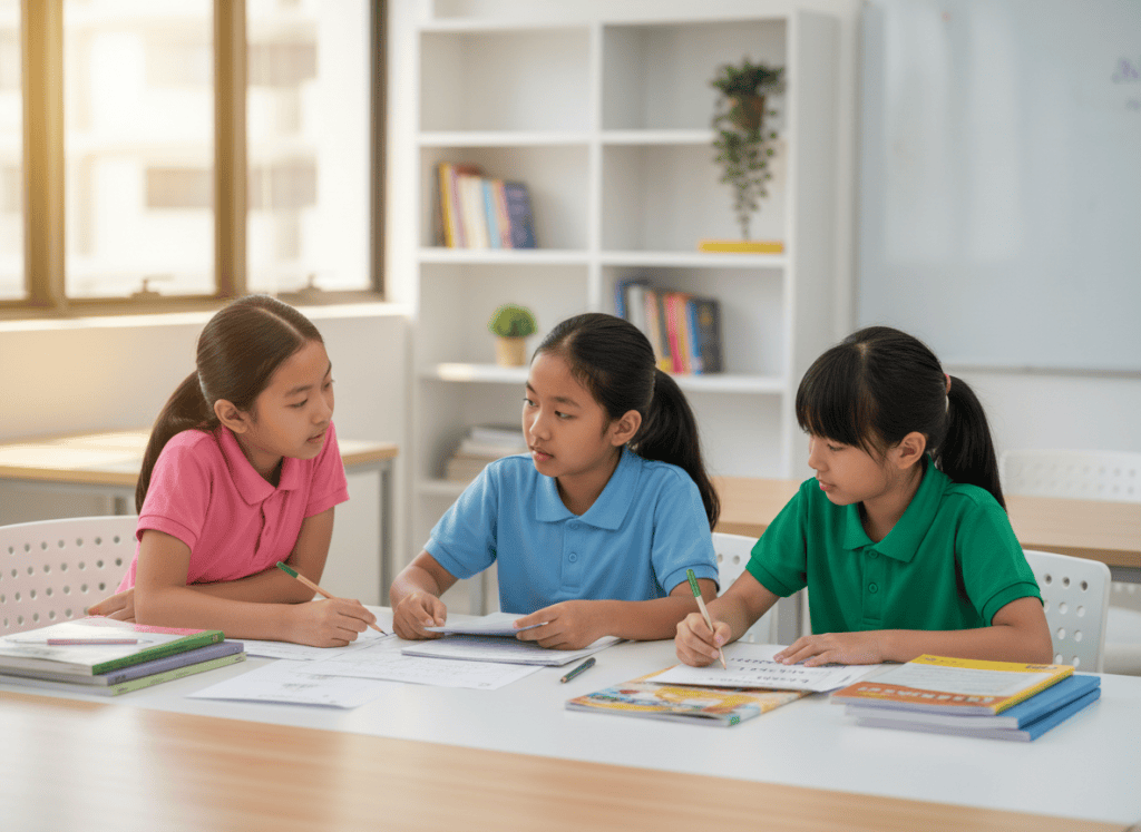 Three primary students planning PSLE situational writing from a source pack and task requirements.