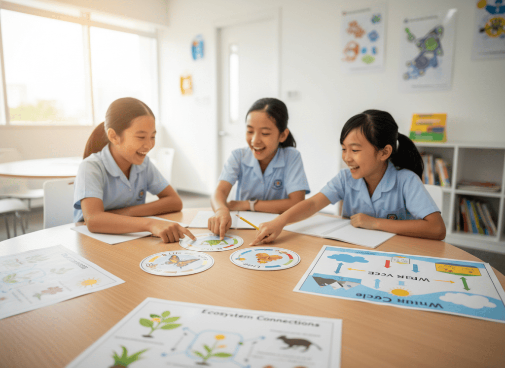 Three primary students studying life cycles, water cycle and systems connections in science.