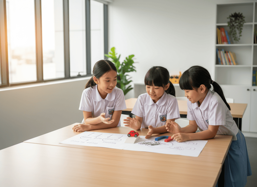 Three primary students studying energy, forces and motion through diagrams and simple investigations.