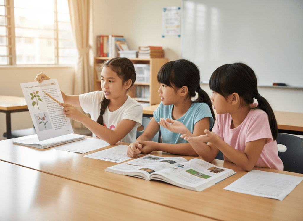Three primary students discussing PSLE Science open-ended answers and scientific explanations.