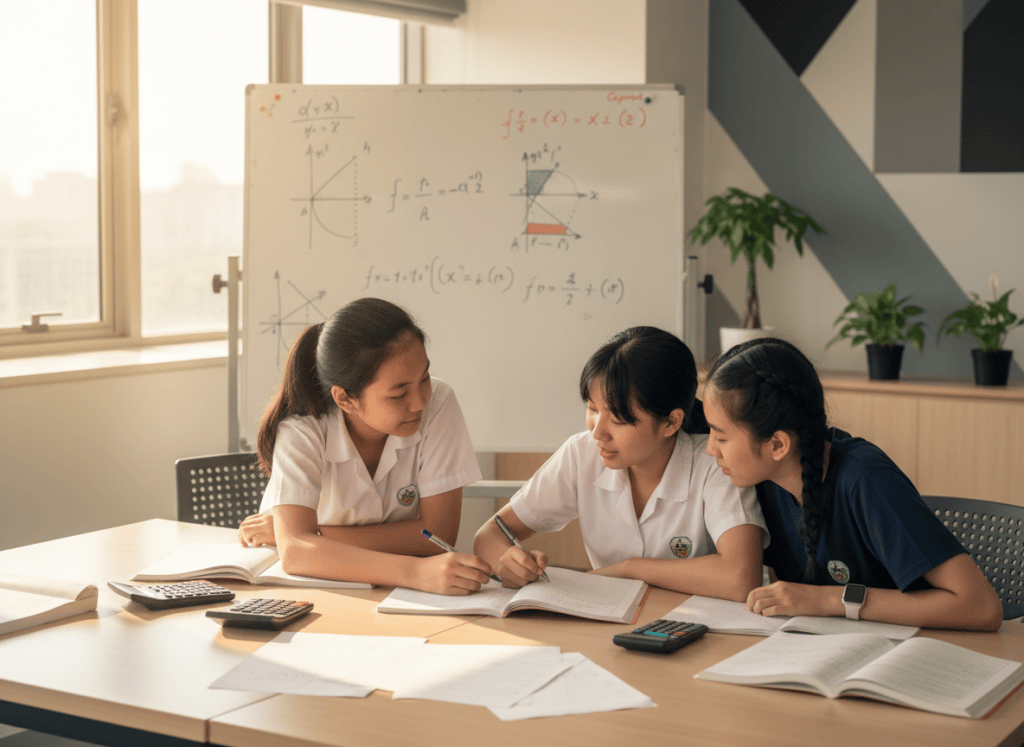 Three secondary students studying differentiation, integration and calculus graphs together.