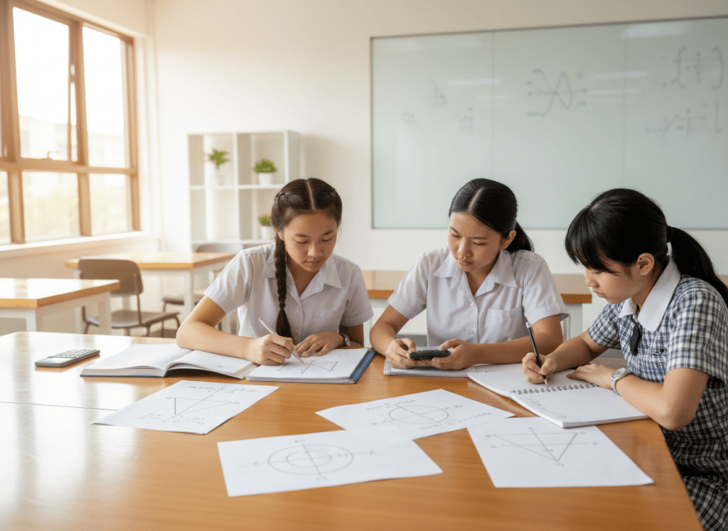 Three secondary students studying Additional Mathematics trigonometry, identities and graphs together.