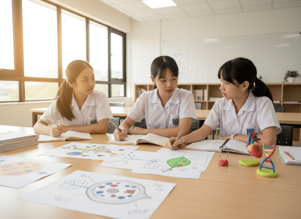 Three secondary students studying cells, transport, nutrition and genetics in biology.