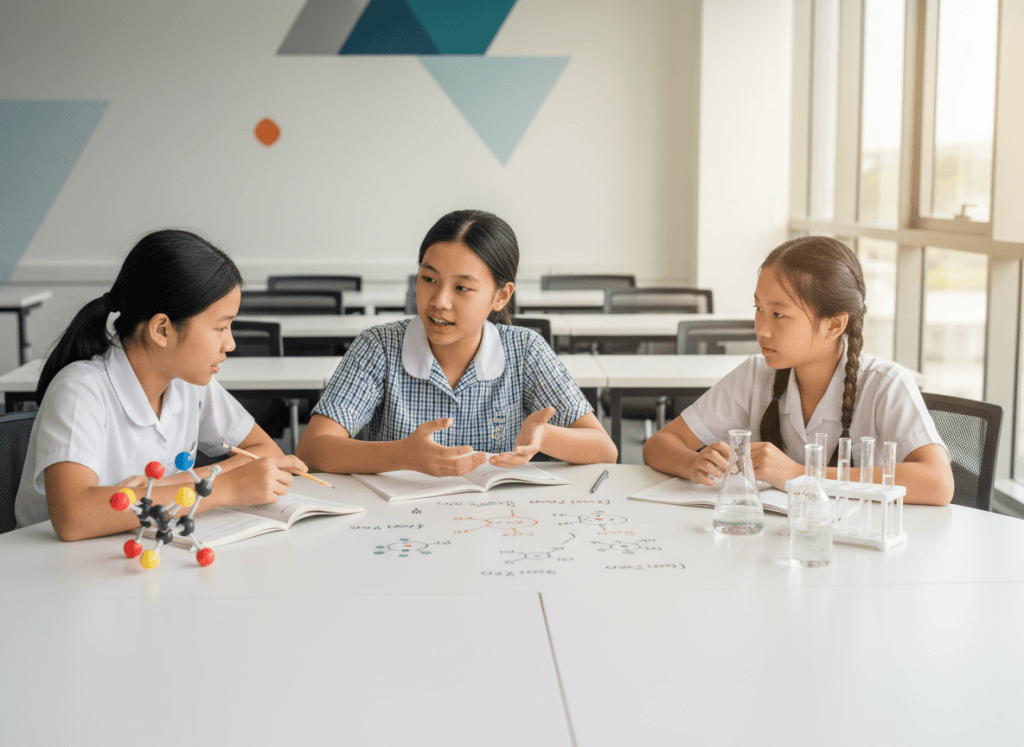 Three secondary students studying chemistry with particle models, equations and laboratory apparatus.