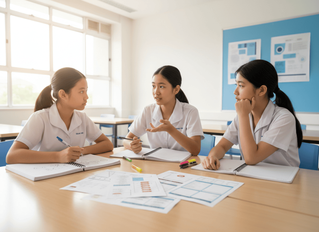 Three secondary students planning and revising an English continuous writing task together.