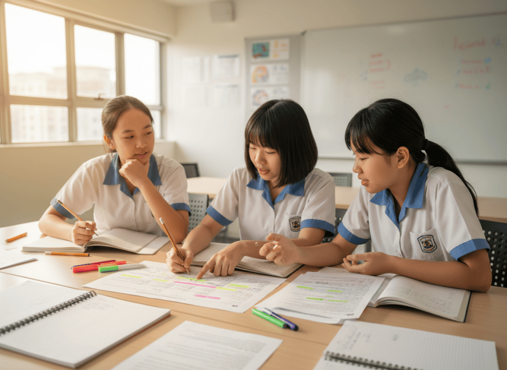 Three secondary students analysing an English comprehension passage for inference and evidence.
