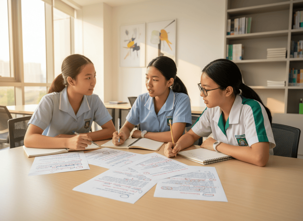 Three secondary students editing English sentences for grammar, clarity and concision.