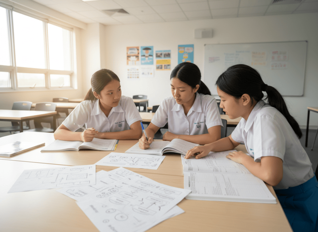 Three secondary students studying English grammar, sentence structure and synthesis together.
