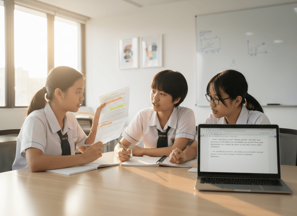 Three secondary students selecting key points and paraphrasing for English summary writing.