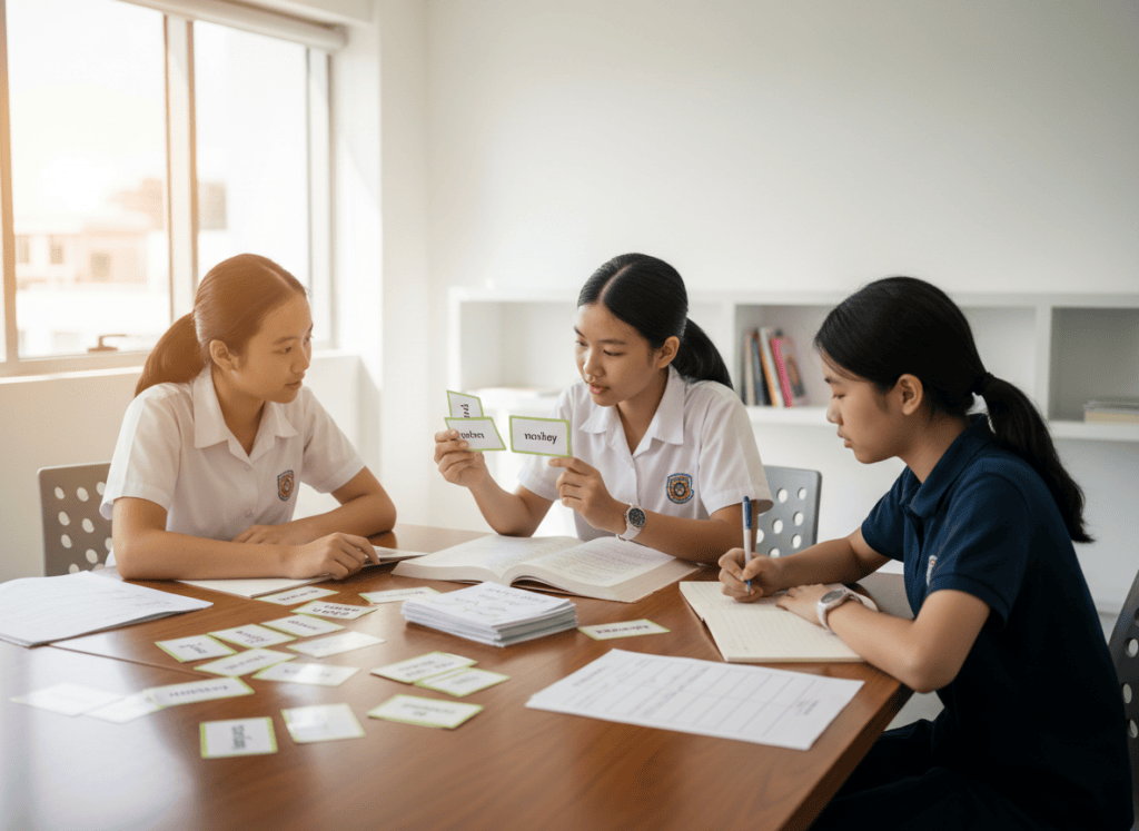 Three secondary students building academic English vocabulary through reading, word families and precise usage.