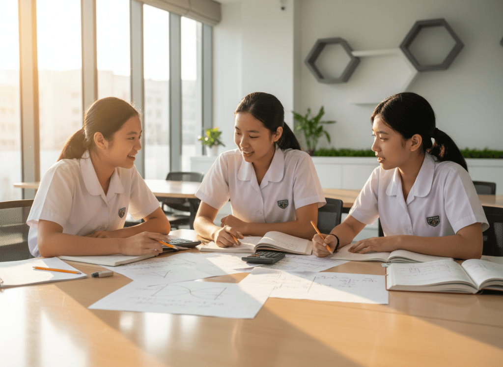 Three secondary students solving algebra equations and factorisation problems together.