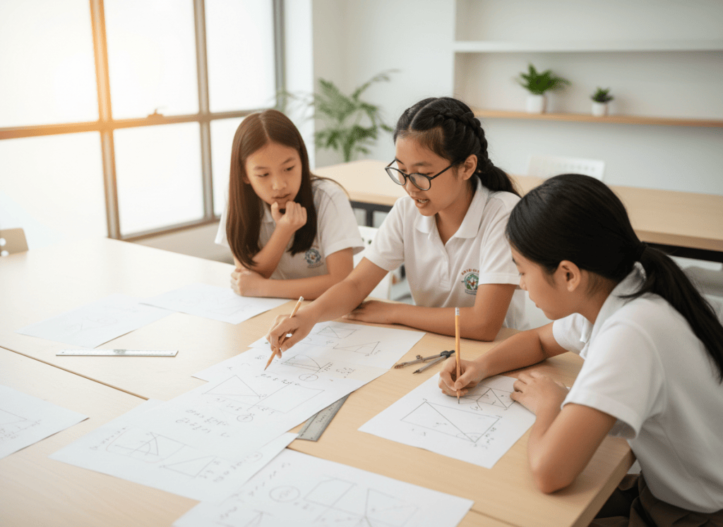 Three secondary students solving geometry problems involving angles, triangles and circles.