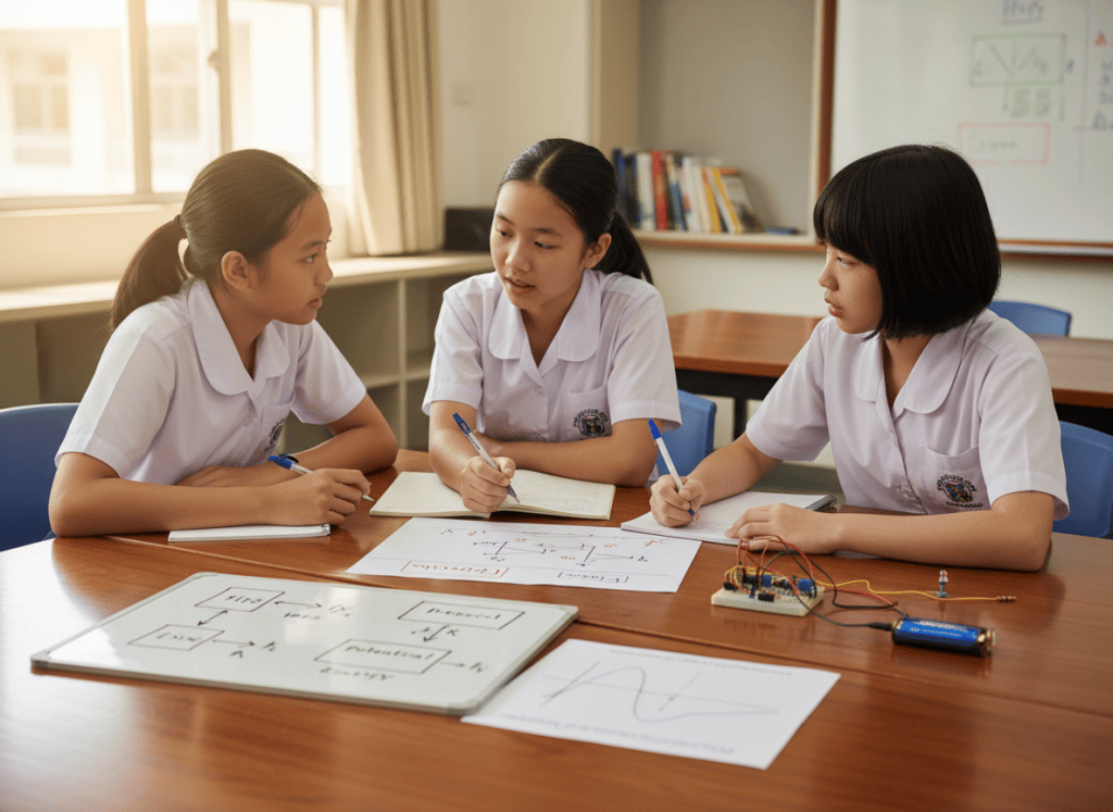 Three secondary students studying forces, energy, electricity and waves in physics.