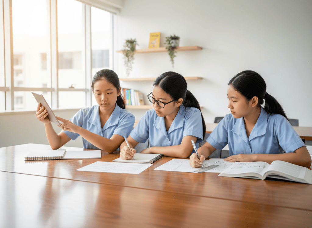 Three secondary students planning a situational writing task for audience, purpose and tone.