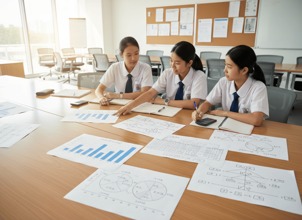Three secondary students studying statistics, data displays and probability together.