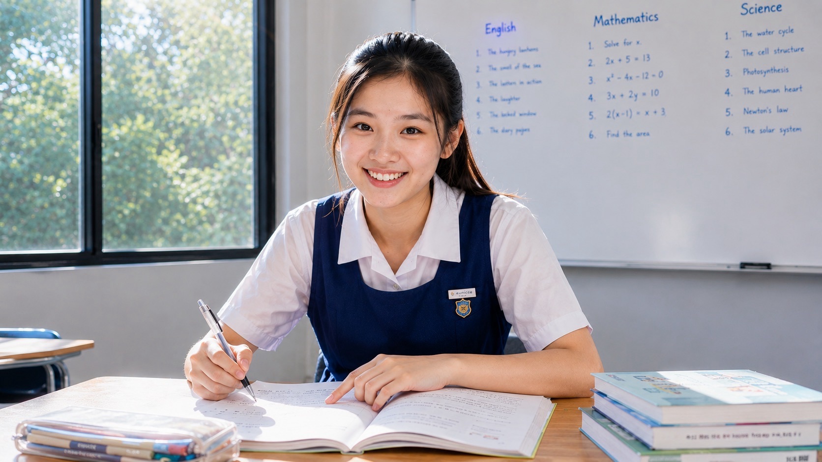 A smiling student in a navy pinafore and white shirt sits at a classroom table with a pen and an open workbook, with stacked textbooks and a whiteboard nearby.