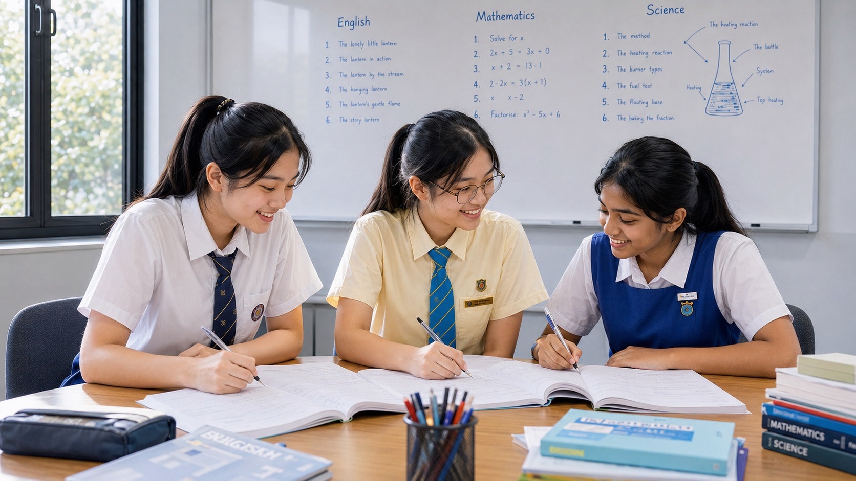 Three secondary students learning together in a small-group tuition setting