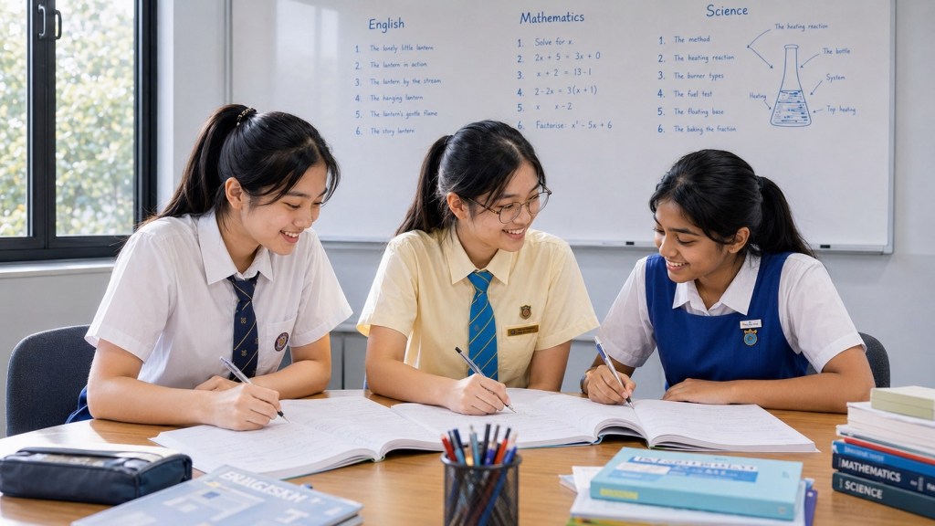 Three secondary students working together with open books in a classroom