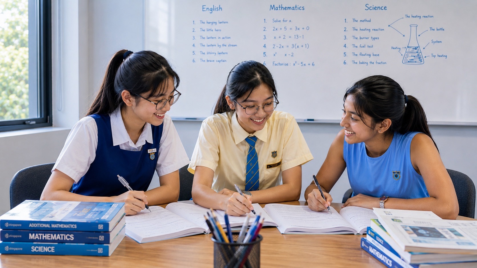 Three students sit together at a wooden classroom table, looking through open workbooks and discussing their work.