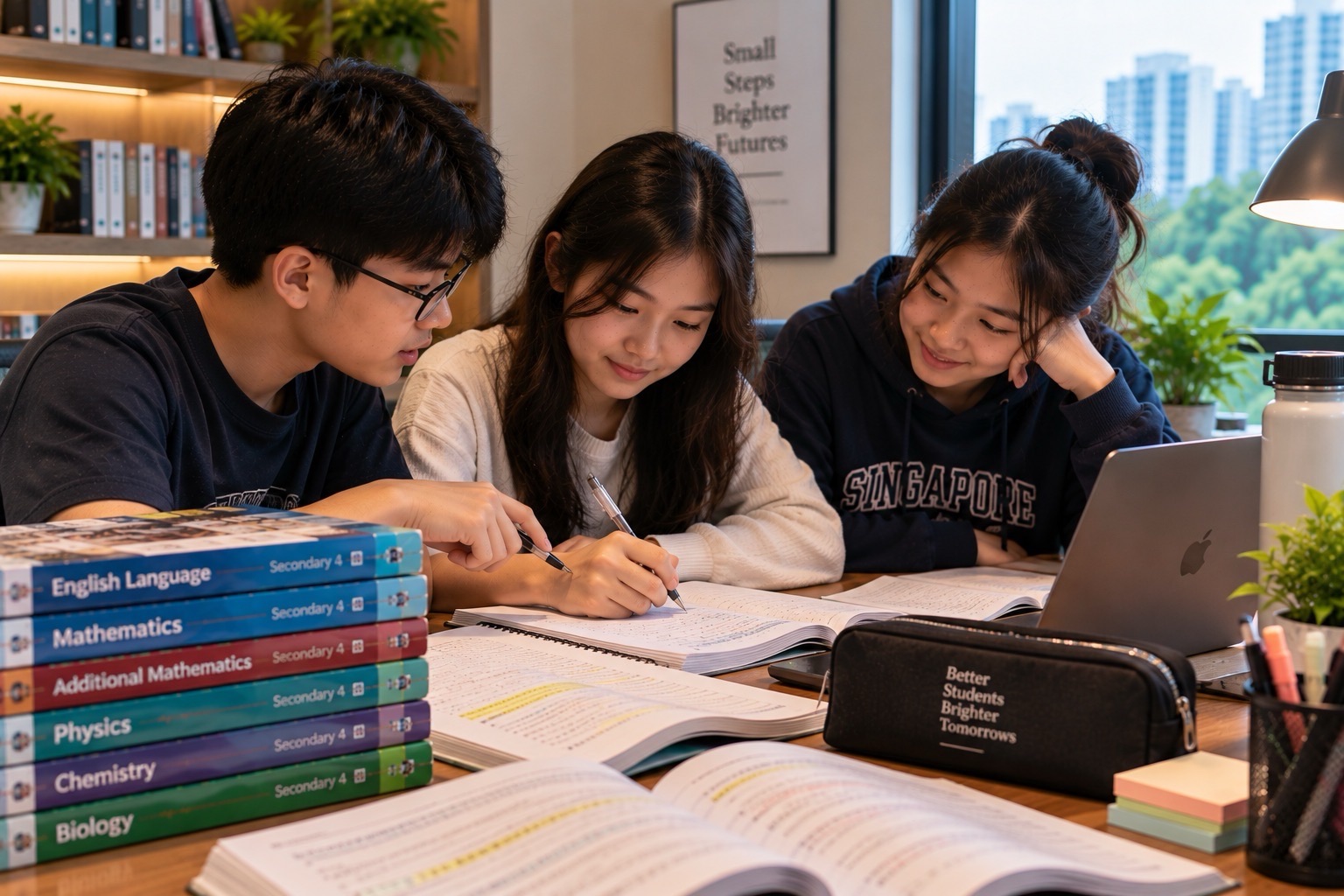 Three students reviewing schoolwork together in a focused small-group setting