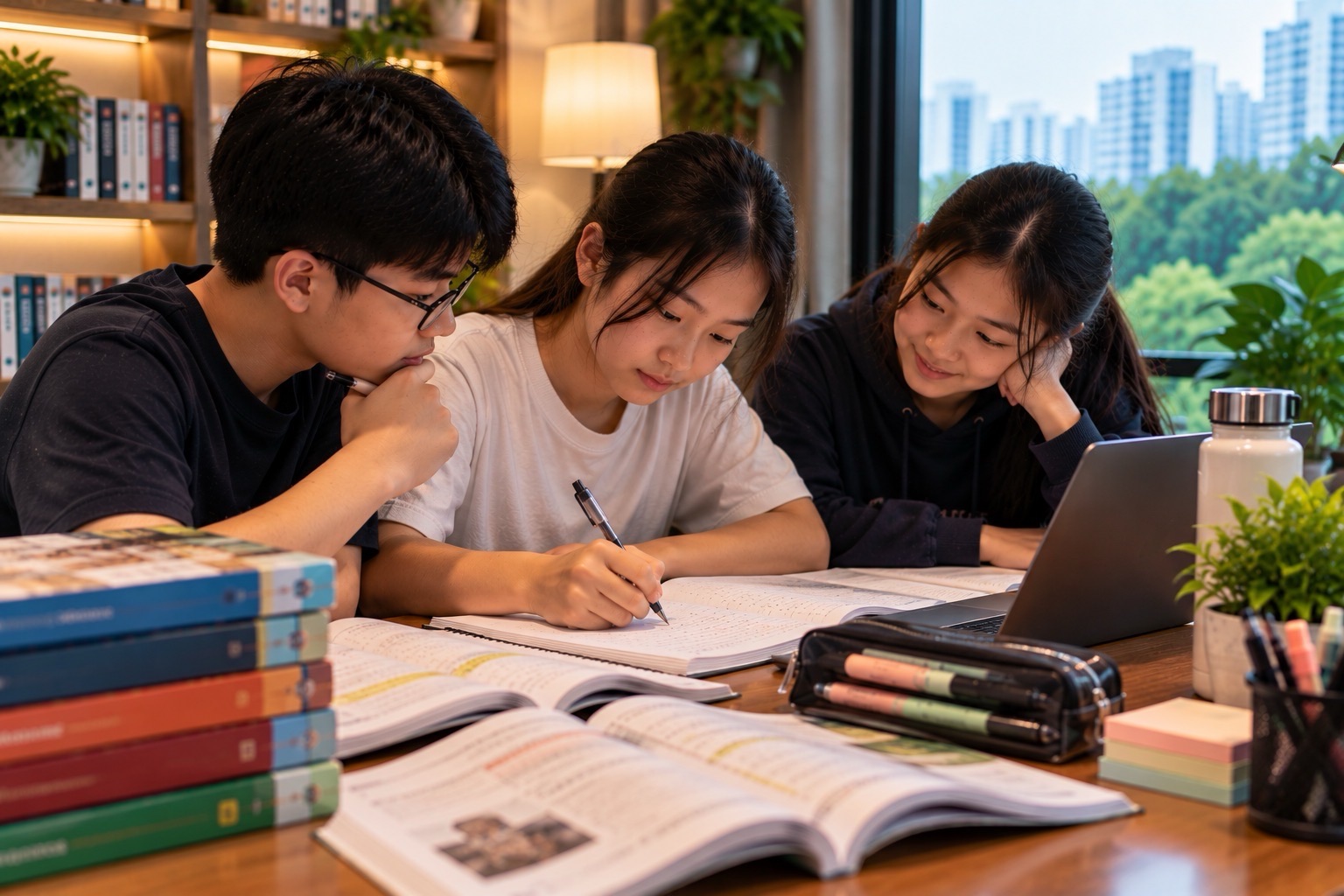 Three students working together during a focused small-group English lesson