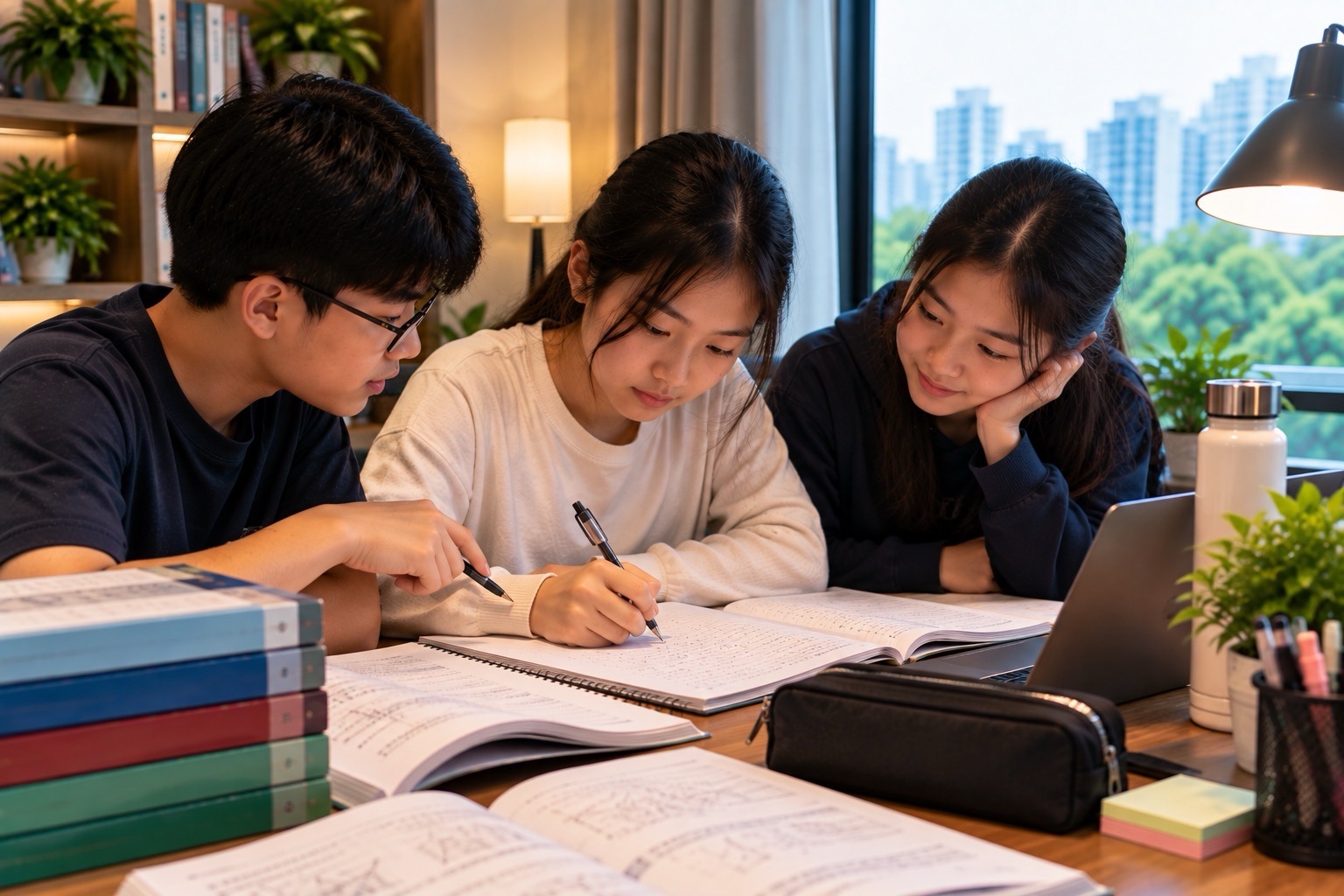 Three students discussing their work during a focused small-group mathematics lesson