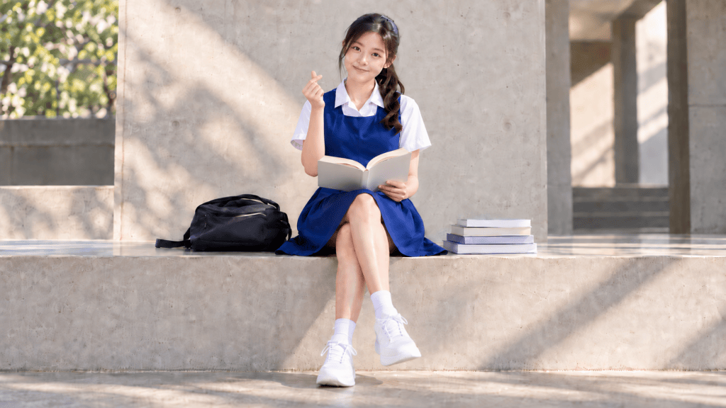 Student in a blue pinafore reads an open book on a sunlit stone bench beside a black bag and stacked books.