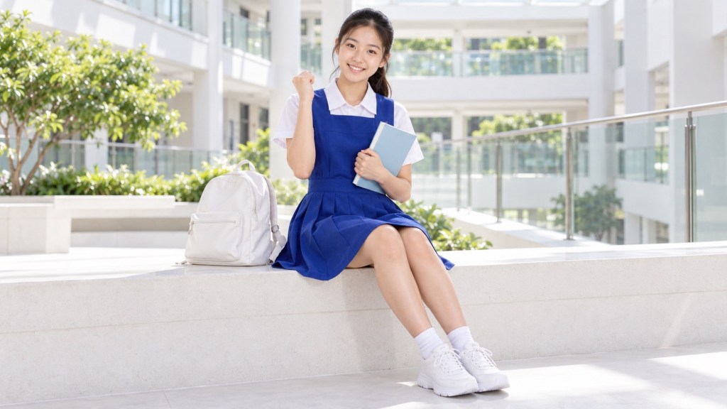 Student in a blue pinafore sits on a stone bench with a notebook and raised fist beside a white bag.